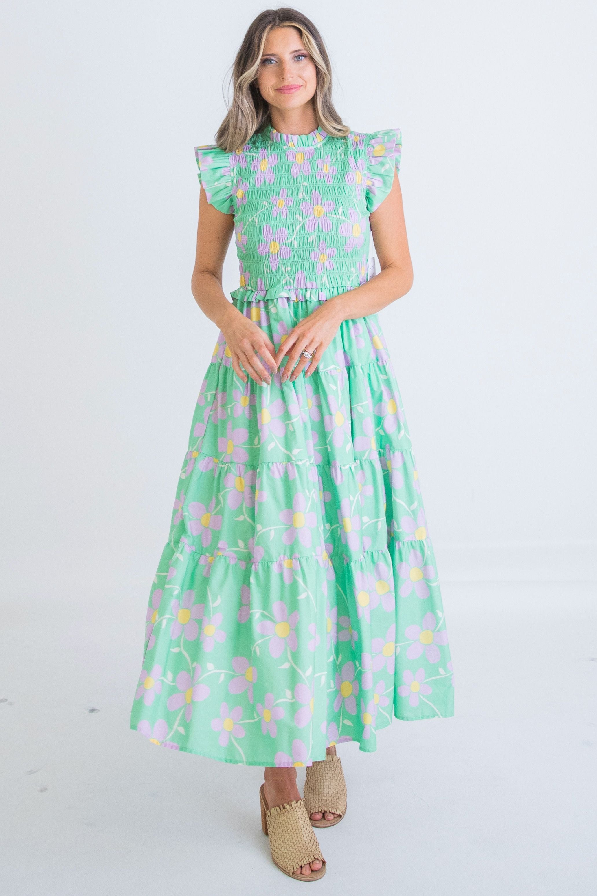 Daisy Smocked Tiered Sleeveless Maxi Dress- Green