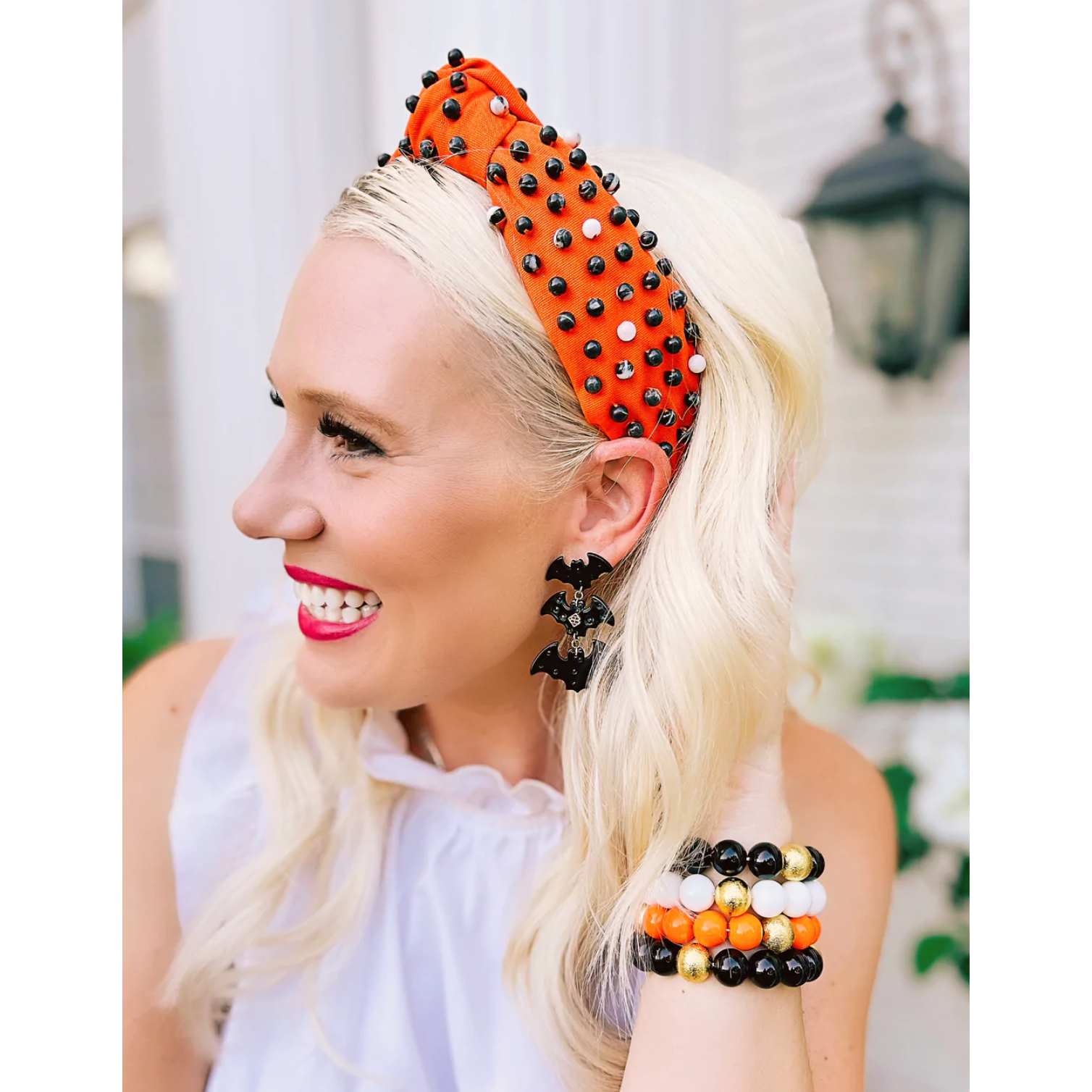 Orange Twill Headband with Black and White Hand-Sewn Beads