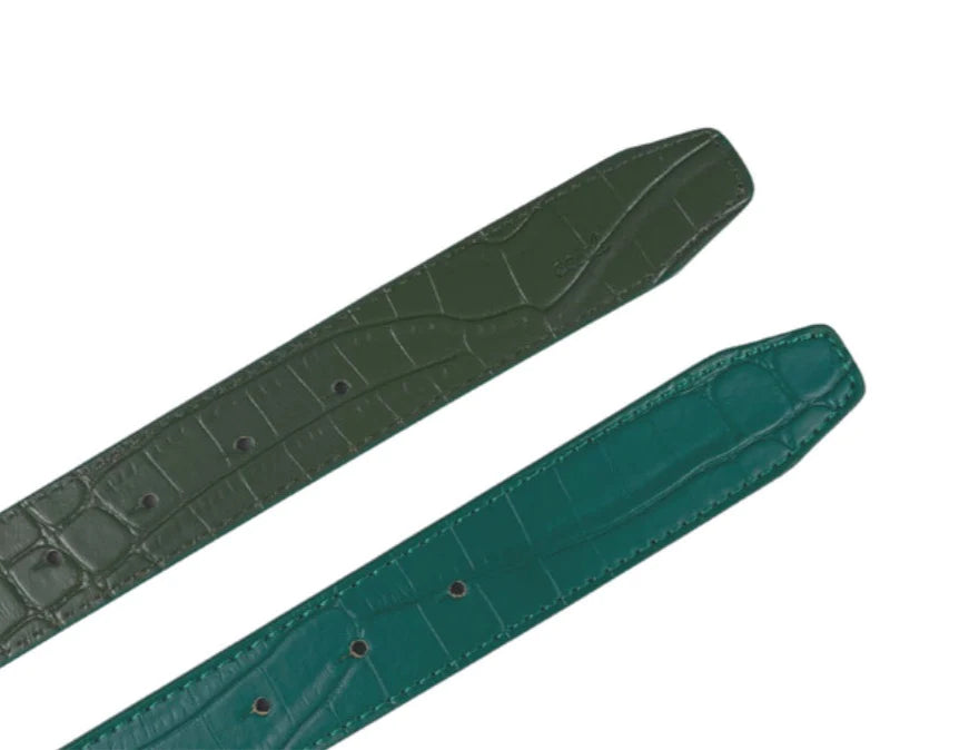 Croc Embossed Reversible Leather Belt: Emerald/Salut