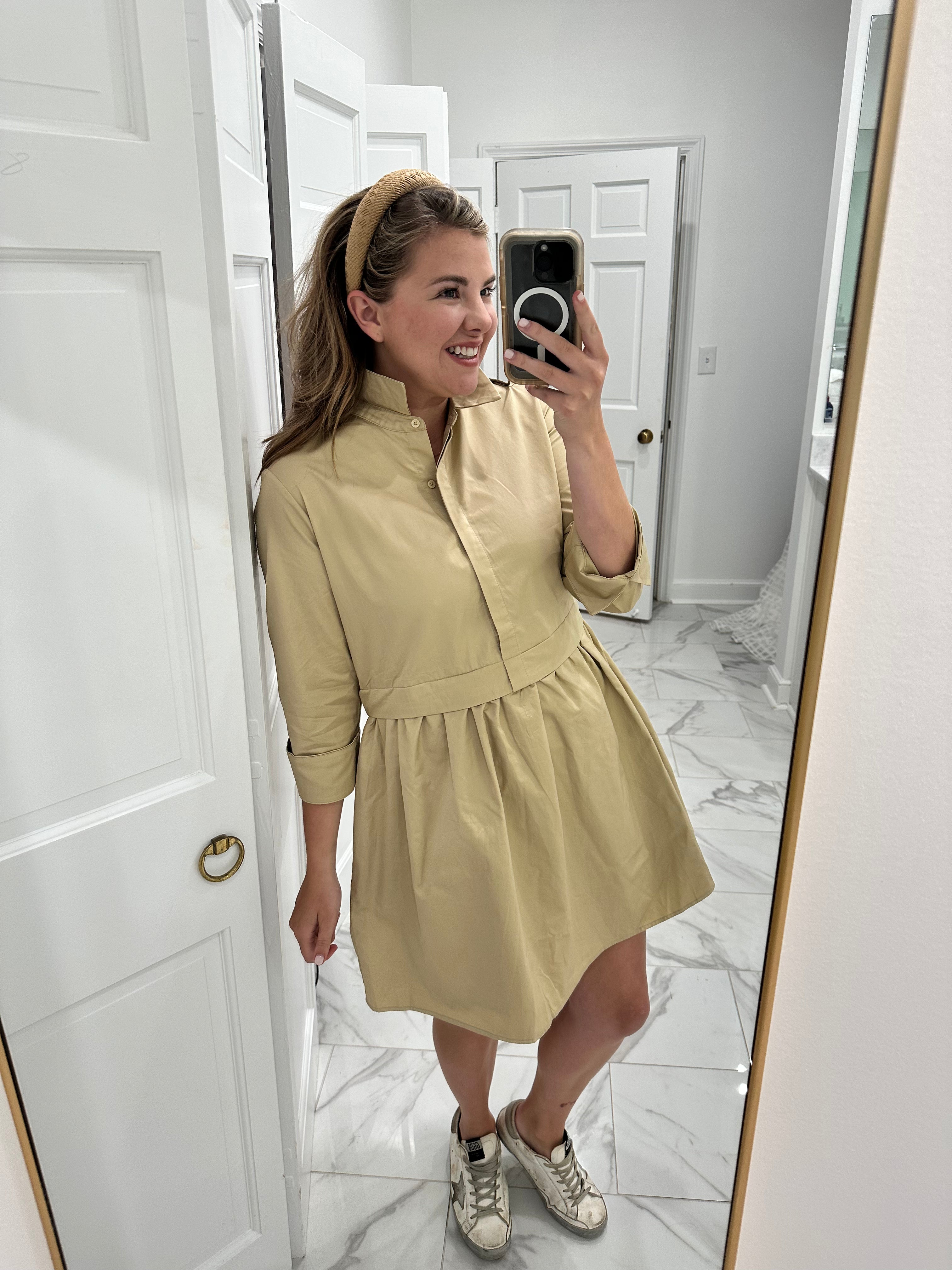 Button Down Flounce Dress- Taupe